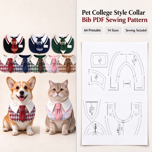 College Style Pet Collar Bib PDF Sewing Pattern | A4 Printable | 14 Sizes (XXS-9XL) | Step-by-Step Sewing Tutorial Included | Dog & Cat Neck Tie Bib Pattern