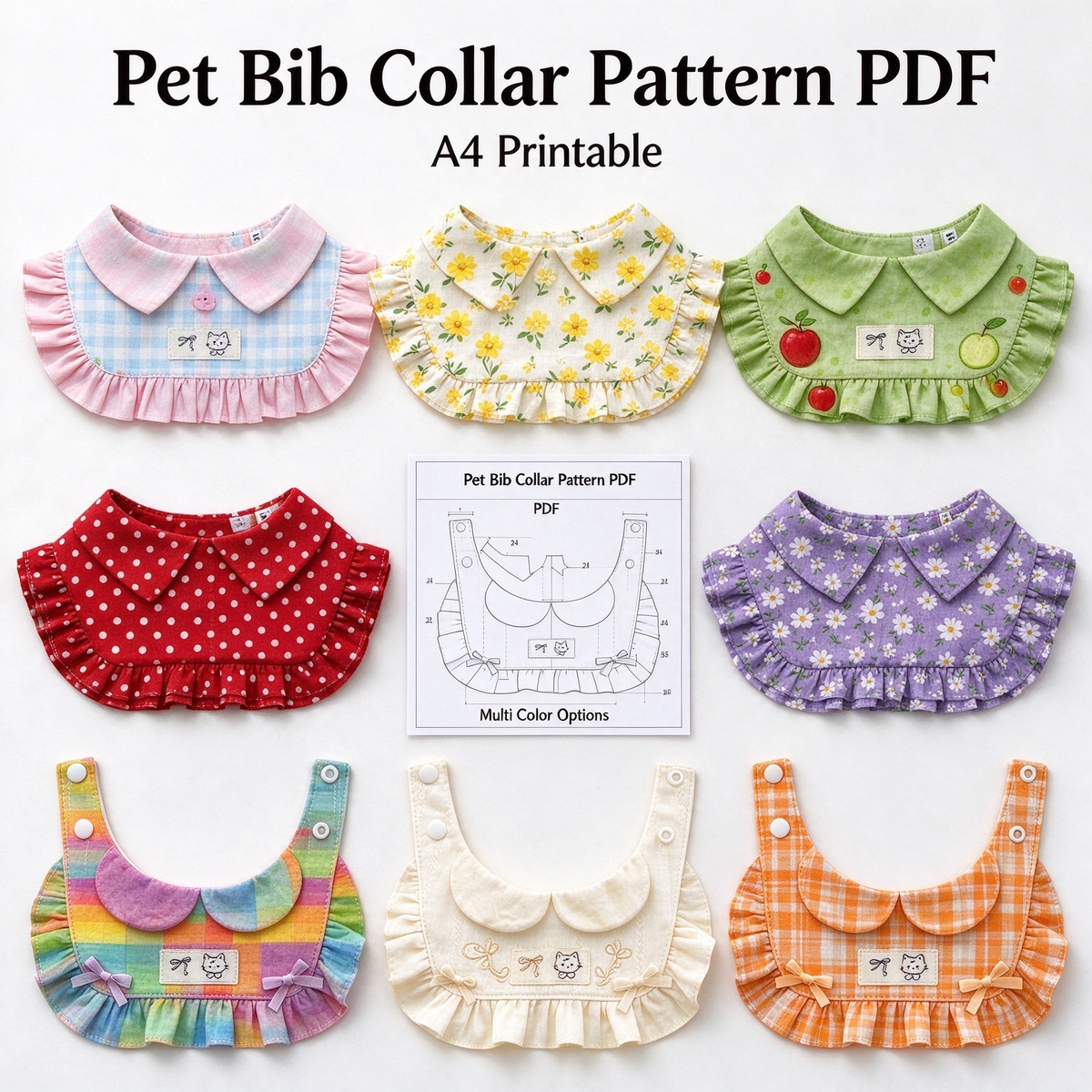 Peter Pan Collar Ruffle Pet Bib Sewing Pattern PDF | A4 Printable | 10 Sizes XXS-5XL | Step-by-Step Sewing Tutorial