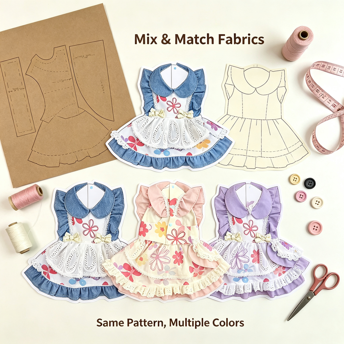 Pet Ruffled Maid Dress Sewing Pattern + Video Tutorial | 7 Sizes S-4XL | A3 Printable PDF for Dogs & Cats
