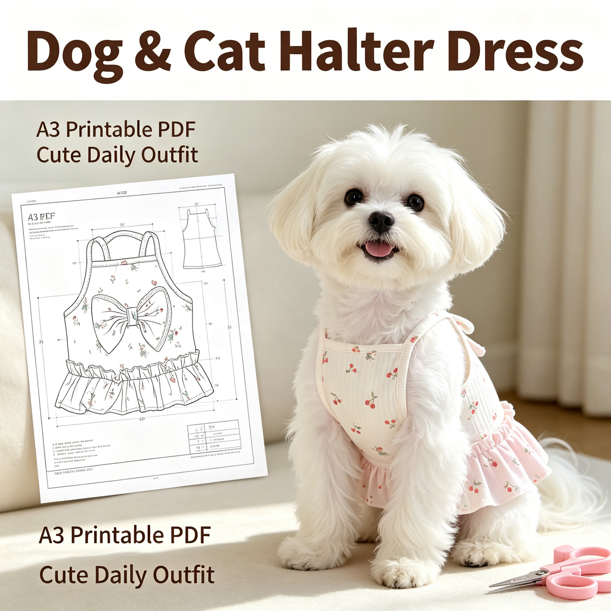 Pet Halter Dress Sewing Pattern with Step-by-Step Tutorial | A3 Printable PDF | Sizes S-4XL | Dog Cat Summer Ruffle Dress | Instant Download
