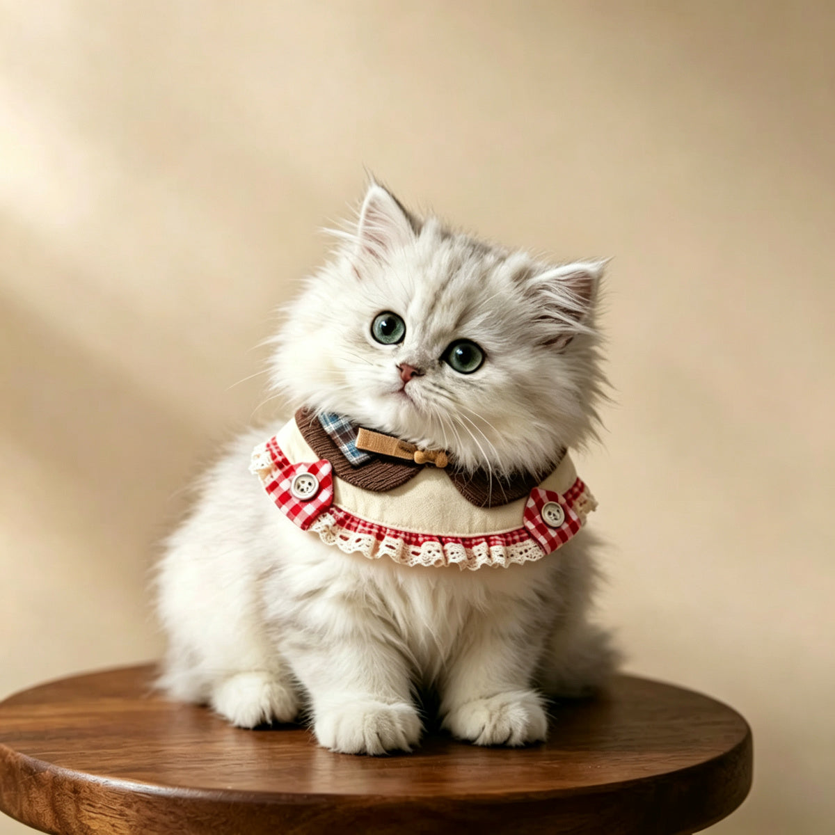 Retro Bear Plush Pet Bib with Plaid Bow Tie & Lace Doll Collar – Adjustable Drool Bib Neck Scarf for Small Medium Dogs, Puppies & Kittens