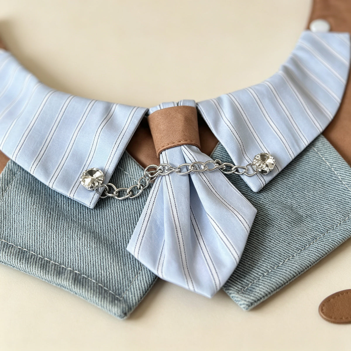 Gentleman Pet Bandana Bib with Bow Tie – Striped Shirt Collar & Denim Drool Bib for Small to Medium Dogs and Cats (XS–XL), Adjustable Neck Wrap, Plush Toy Dress-Up Accessory