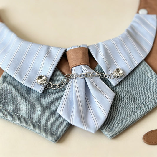 Gentleman Pet Bandana Bib with Bow Tie – Striped Shirt Collar & Denim Drool Bib for Small to Medium Dogs and Cats (XS–XL), Adjustable Neck Wrap, Plush Toy Dress-Up Accessory