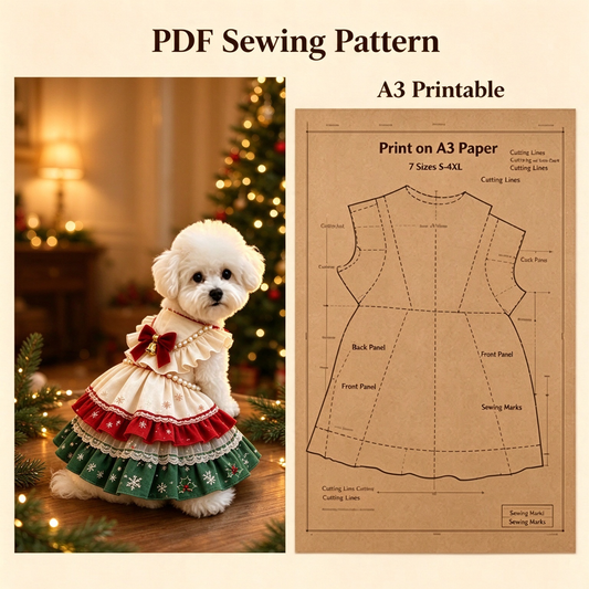 Pet Princess Dress & Bib PDF Sewing Pattern for Dogs & Cats | 7 Sizes S-4XL, Inch & Pound Size Chart, A3 Printable, Step-by-Step Sewing Tutorial, Lace Ruffle Pet Outfit Template