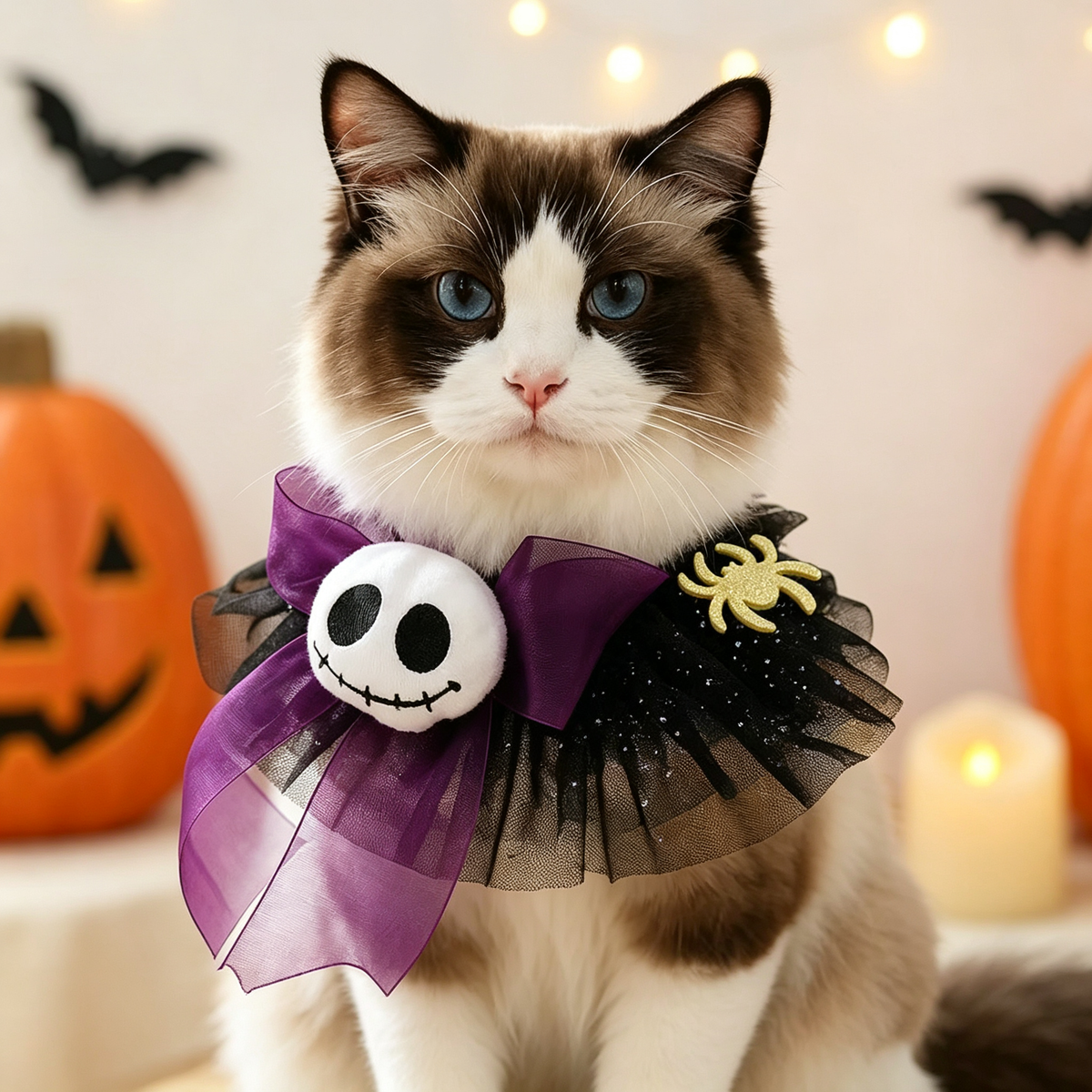 Halloween Ghost Skull Pet Collar – Spooky Tulle Neckwear for Dogs & Cats