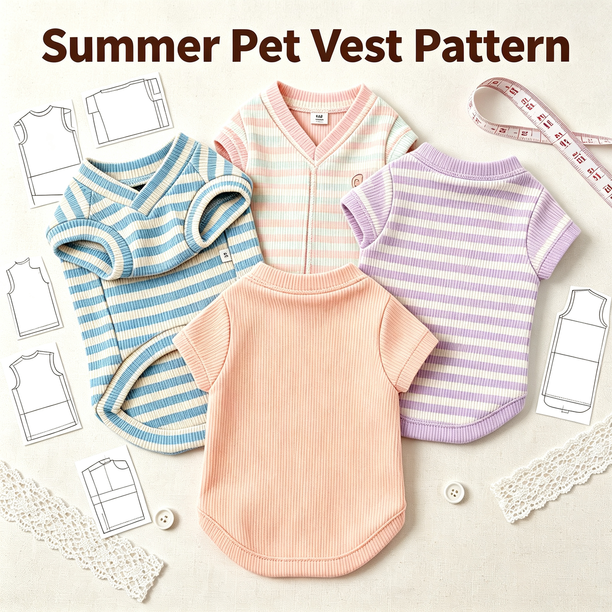 Pet V-Neck Vest Sewing Pattern, A3 Printable PDF with Full Sewing Tutorial, 7 Sizes (S–4XL) for Dogs & Cats