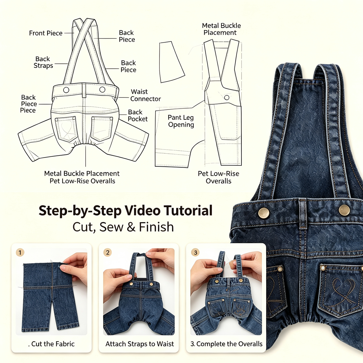 Pet Low-Rise Denim Overalls Sewing Pattern with Video Tutorial | A3 Printable PDF | 7 Sizes S-4XL | Dog Cat Jumpsuit Harness Pants