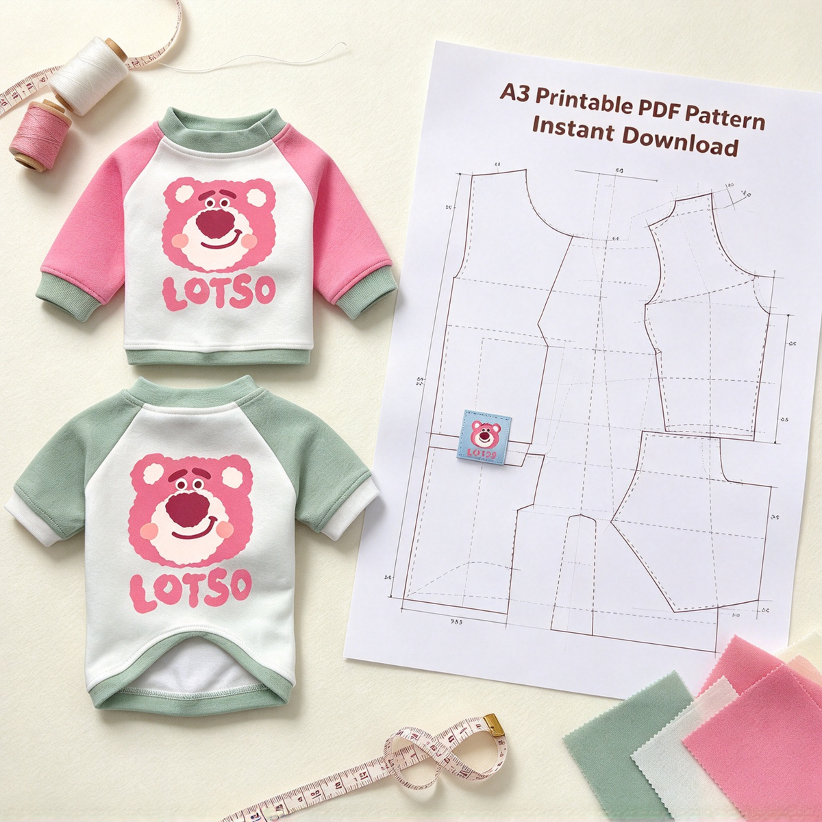 Pet Raglan Sweatshirt Sewing Pattern with Step-by-Step Tutorial | A3 Printable PDF | Sizes S-4XL | Dog Cat Casual Shirt