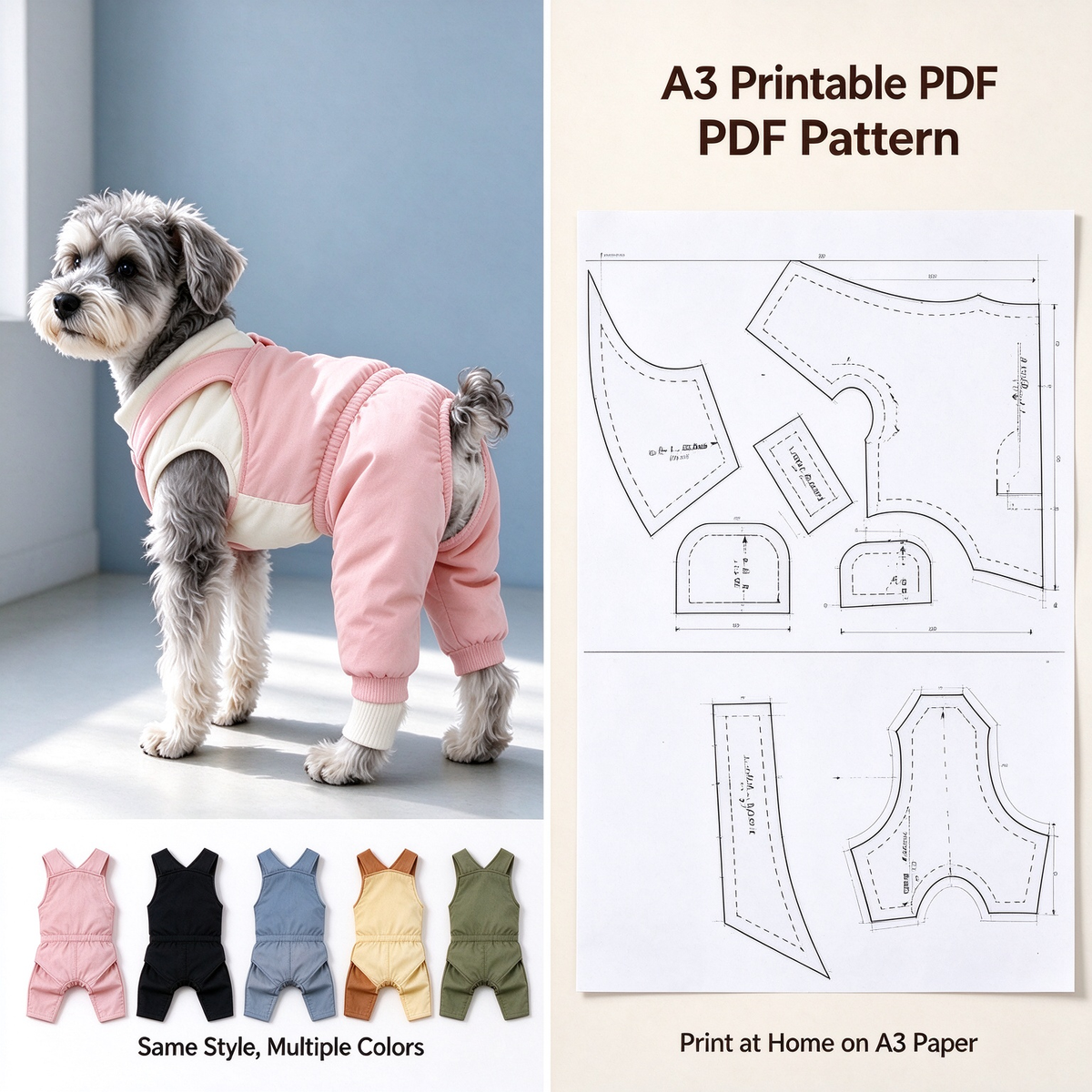 Pet Quilted Padded Overalls Sewing Pattern with Video Tutorial | A3 Printable PDF | 7 Sizes S-4XL | Dog Cat Winter Sling Jumpsuit