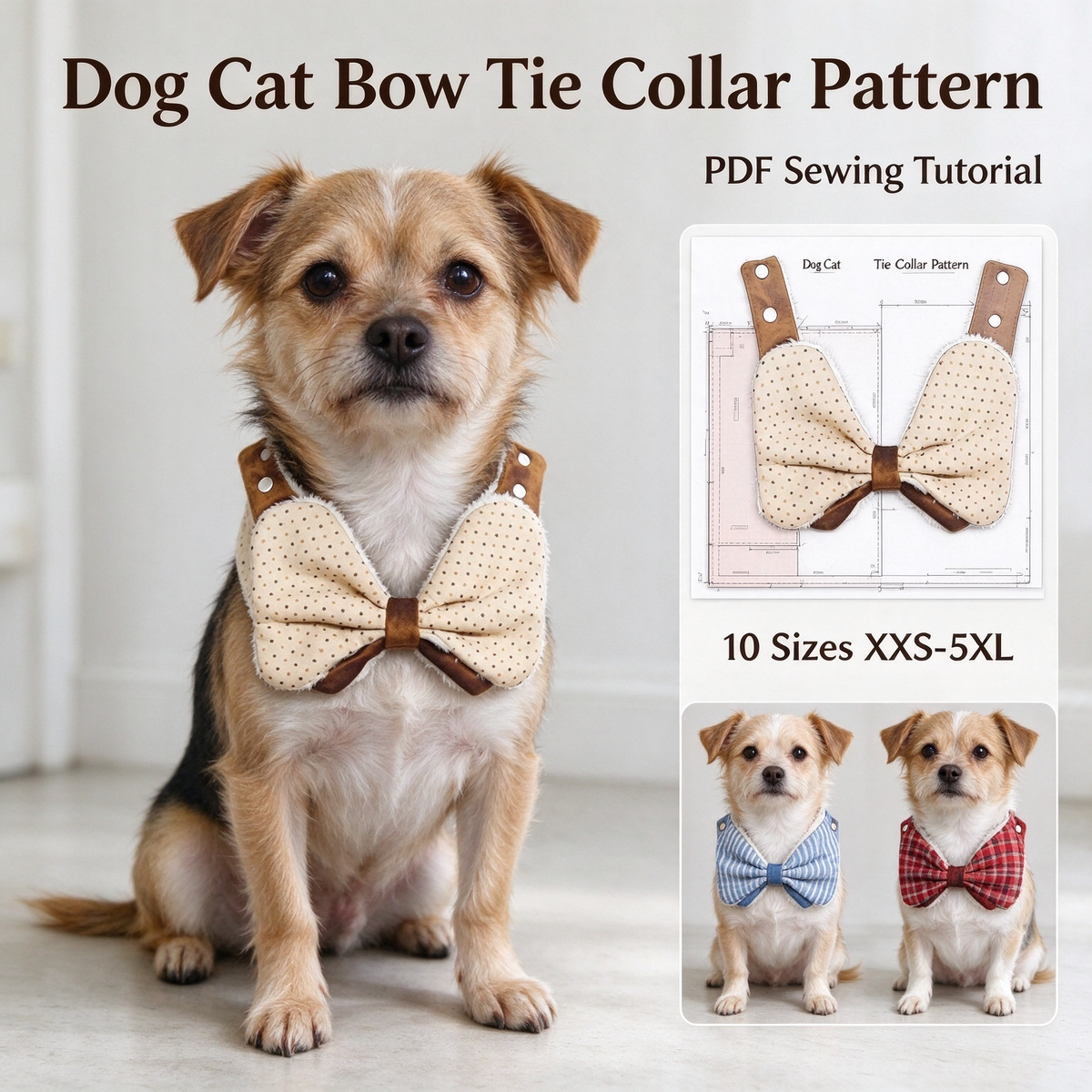 Bone Bow Tie Pet Bib Sewing Pattern PDF | A4 Printable | 10 Sizes XXS-5XL | Step-by-Step Sewing Tutorial
