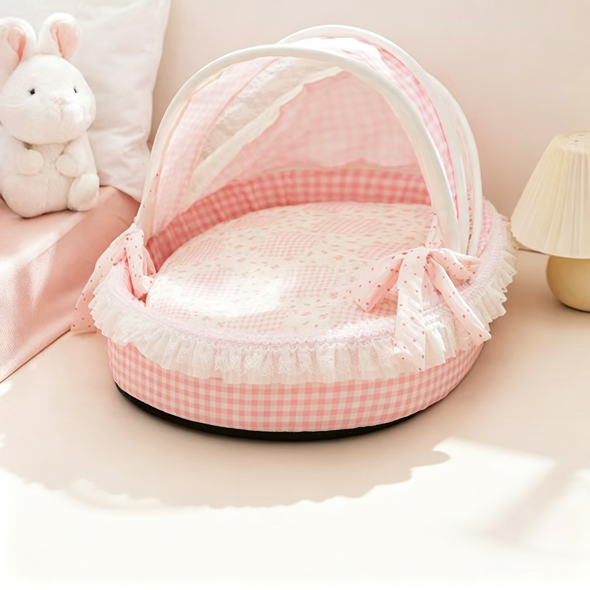 Lace Trim Canopy Pet Cradle Bed | Cute Bunny Floral Print Soft Cat & Dog Bed | Semi-Enclosed Cozy Pet Nest for Small & Medium Pets