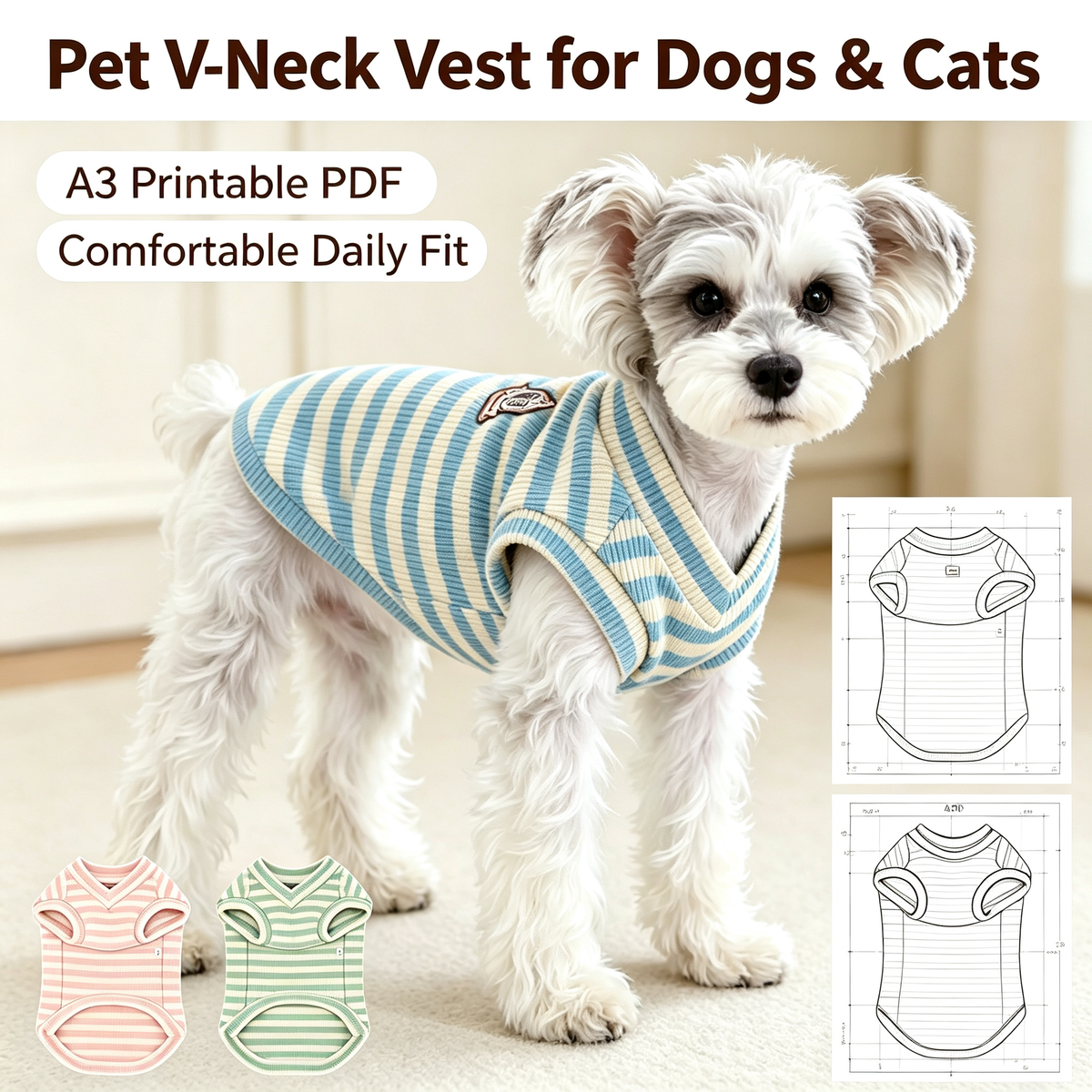 Pet V-Neck Vest Sewing Pattern, A3 Printable PDF with Full Sewing Tutorial, 7 Sizes (S–4XL) for Dogs & Cats