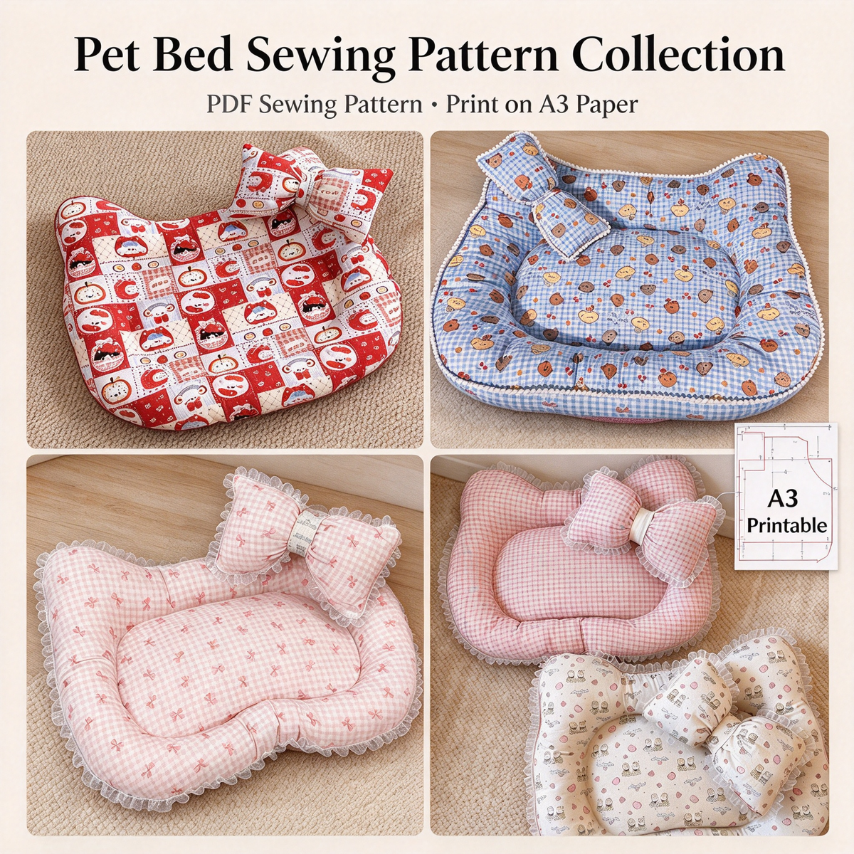 7 Styles Pet Bed Bundle PDF Sewing Patterns | A3 Printable DIY Pet Carrier, Backpack, Sofa & Cave Nest Templates for Small Cats & Dogs Up to 16.5 lbs
