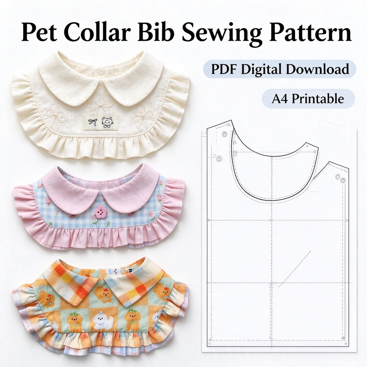 Peter Pan Collar Ruffle Pet Bib Sewing Pattern PDF | A4 Printable | 10 Sizes XXS-5XL | Step-by-Step Sewing Tutorial