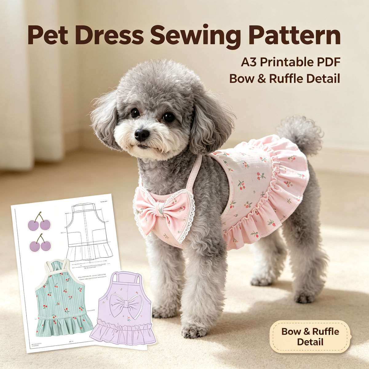 Pet Halter Dress Sewing Pattern with Step-by-Step Tutorial | A3 Printable PDF | Sizes S-4XL | Dog Cat Summer Ruffle Dress | Instant Download