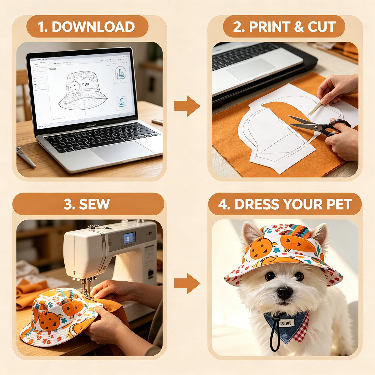 Pet Bucket Hat Sewing Pattern PDF with Sewing Tutorial & Guide — Erect-Ear & Floppy-Ear Styles | 9 Sizes (S–6XL) for Cats & Dogs