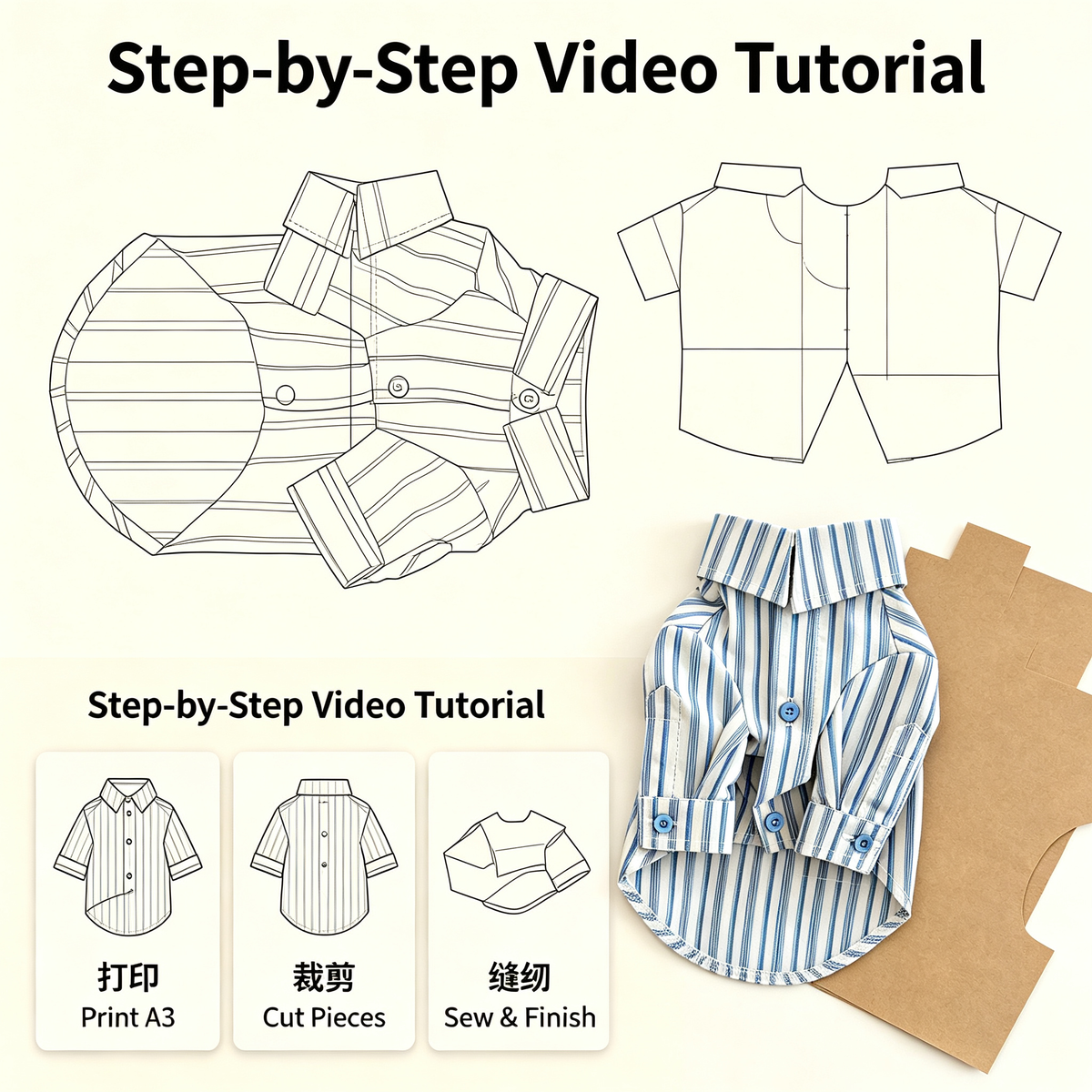 Pet Button-Down Shirt Sewing Pattern with Video Tutorial | A3 Printable PDF | 7 Sizes S-4XL | Dog Cat Formal Casual Shirt