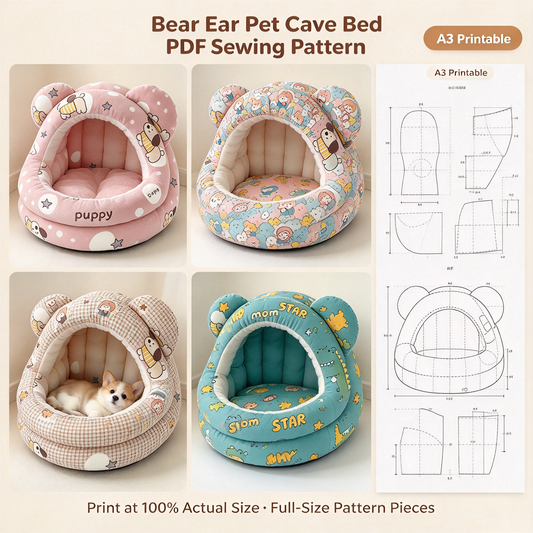 Bear Ear Cave Pet House PDF Sewing Pattern | A3 Printable Cozy Enclosed Nest for Small Cats & Dogs Up to 16.5 lbs
