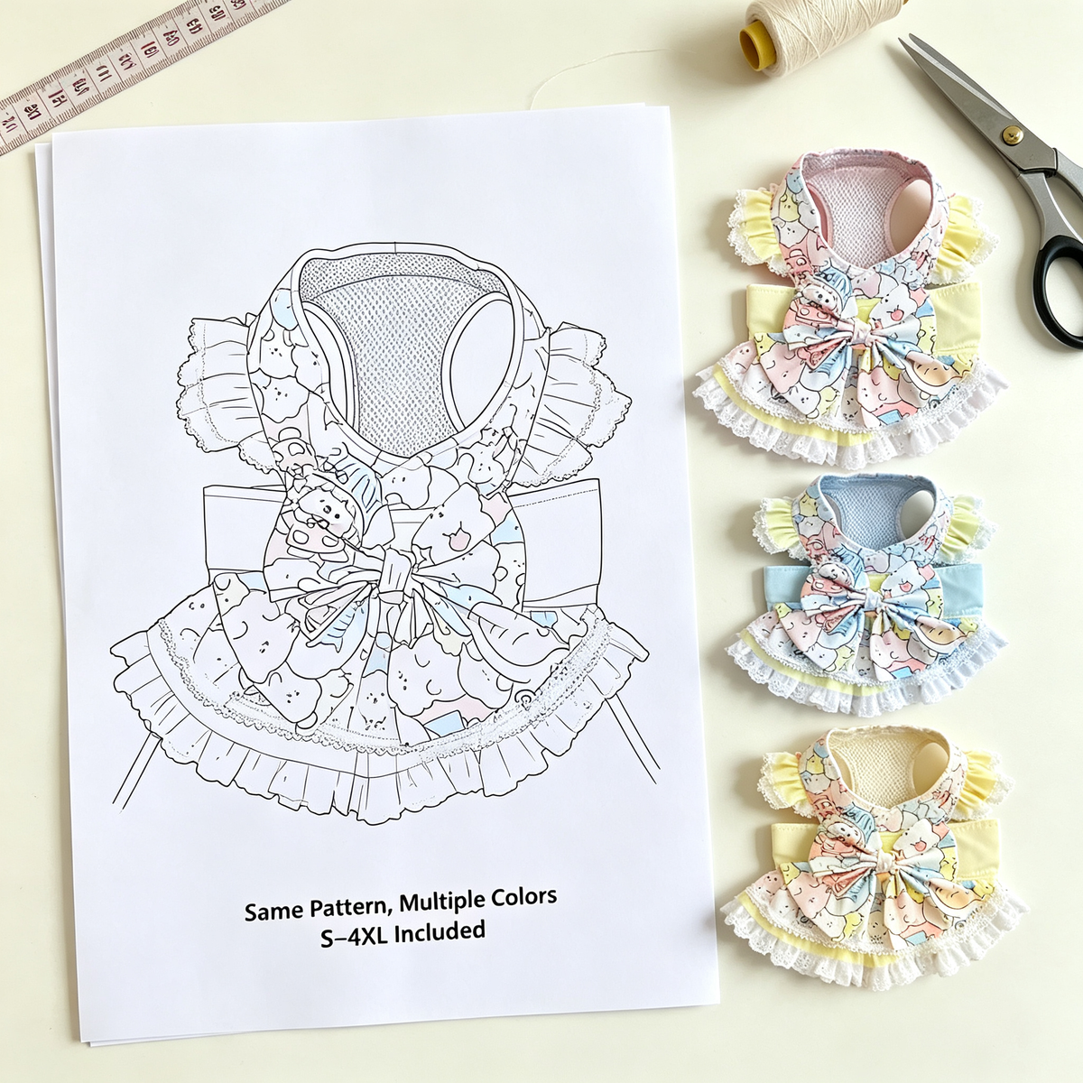 Pet Princess Bow Harness Dress Sewing Pattern + Video Tutorial | S-4XL | A3 Printable PDF for Dogs & Cats