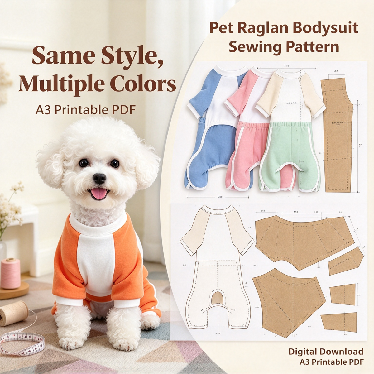 Pet Raglan Bodysuit Sewing Pattern with Video Tutorial | A3 Printable PDF | 7 Sizes S-4XL | Dog Cat Four-Leg Jumpsuit