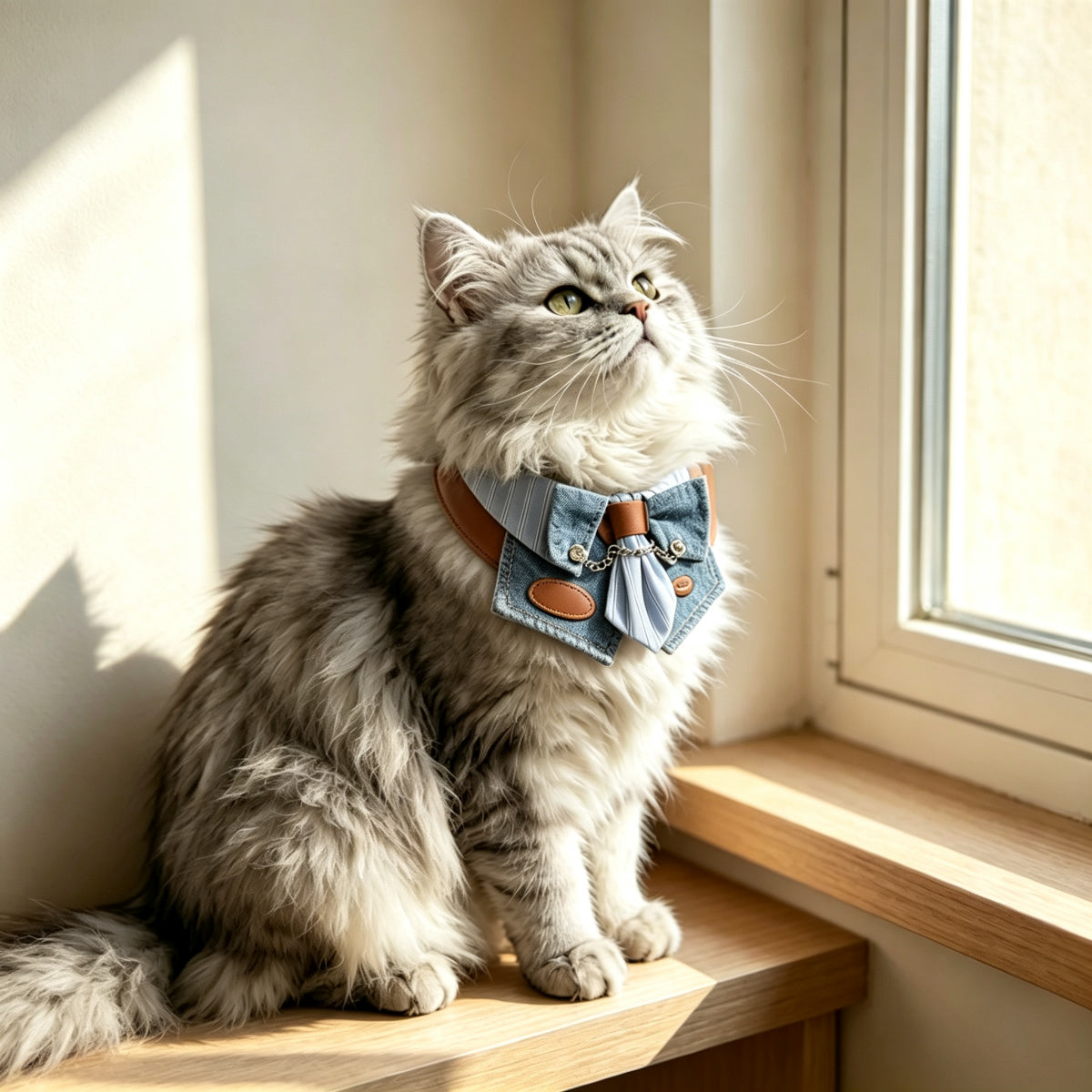 Gentleman Pet Bandana Bib with Bow Tie – Striped Shirt Collar & Denim Drool Bib for Small to Medium Dogs and Cats (XS–XL), Adjustable Neck Wrap, Plush Toy Dress-Up Accessory