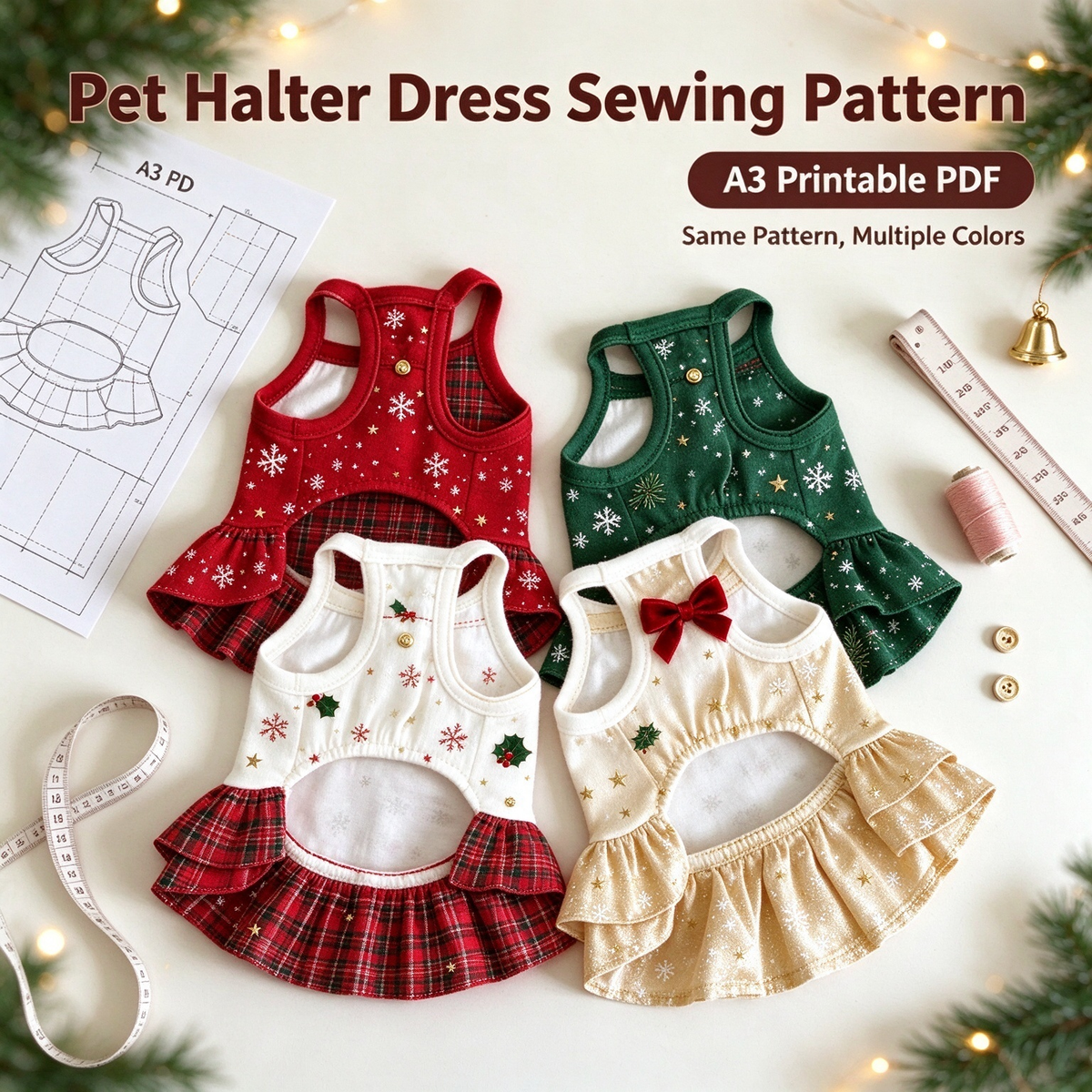 Pet Halter Dress Sewing Pattern with Step-by-Step Tutorial | A3 Printable PDF | Sizes S-4XL | Dog Cat Summer Ruffle Dress | Instant Download