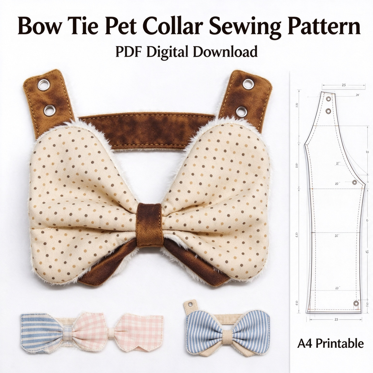 Bone Bow Tie Pet Bib Sewing Pattern PDF | A4 Printable | 10 Sizes XXS-5XL | Step-by-Step Sewing Tutorial