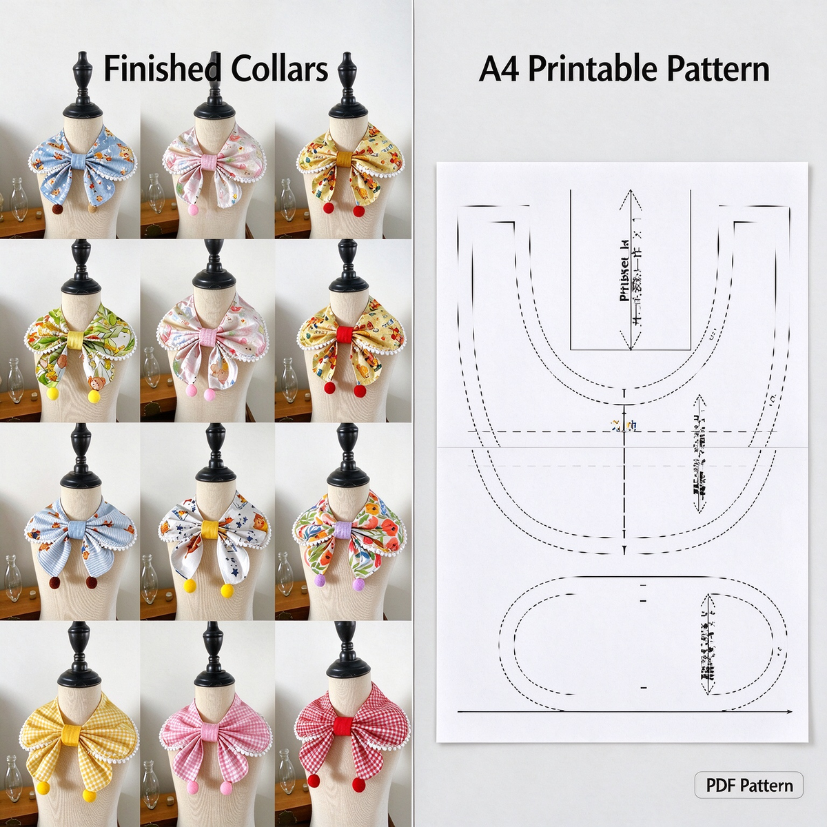 Pet Bow Collar PDF Sewing Pattern with Full Sewing Tutorial, A4 Printable Instant Download, 13 Sizes XS-9XL,  DIY Dog Neck Bandana Template