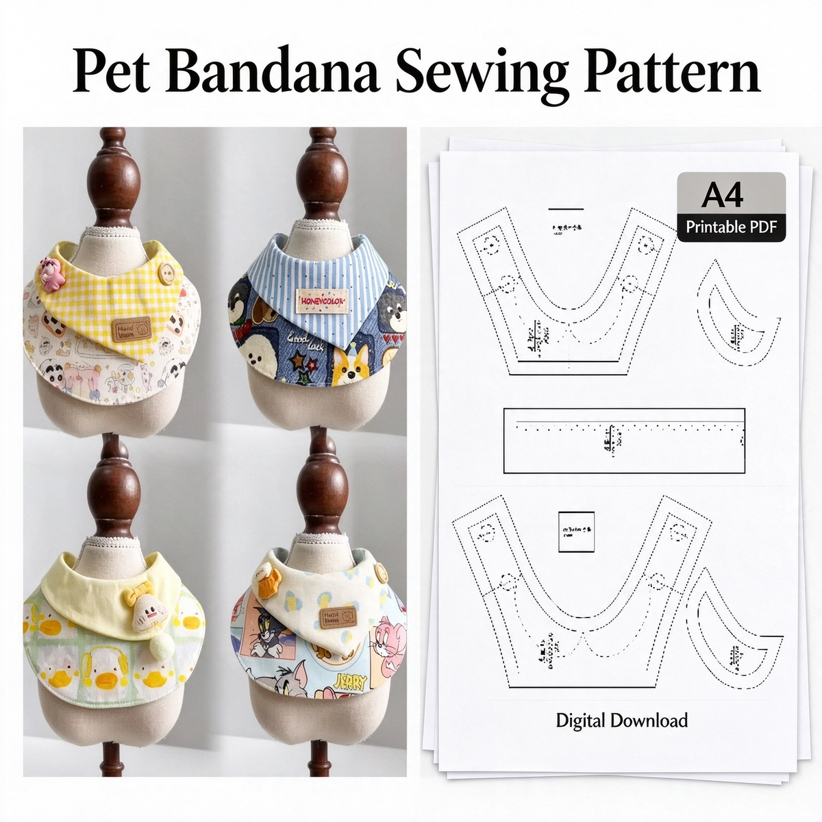 Asymmetrical Collar Pet Bib Sewing Pattern PDF | A4 Printable | 10 Sizes (XXS-5XL) | Beginner-Friendly Sewing Tutorial