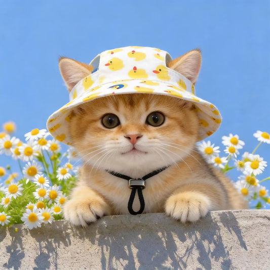 Pet Bucket Hat for Dogs & Cats — Breathable Summer Sun Hat with Adjustable Chin Strap, 3 Cute Styles (Garden, Duck & Soccer Print), Sizes S–L (Up to 50 lb)