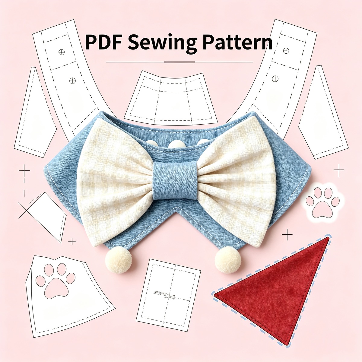 Pet Bow Tie Collar Sewing Pattern PDF | XS-XL Sizes, DIY Dog & Cat Bandana Bib Sewing Template, Instant Download**