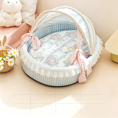 Lace Trim Canopy Pet Cradle Bed | Cute Bunny Floral Print Soft Cat & Dog Bed | Semi-Enclosed Cozy Pet Nest for Small & Medium Pets