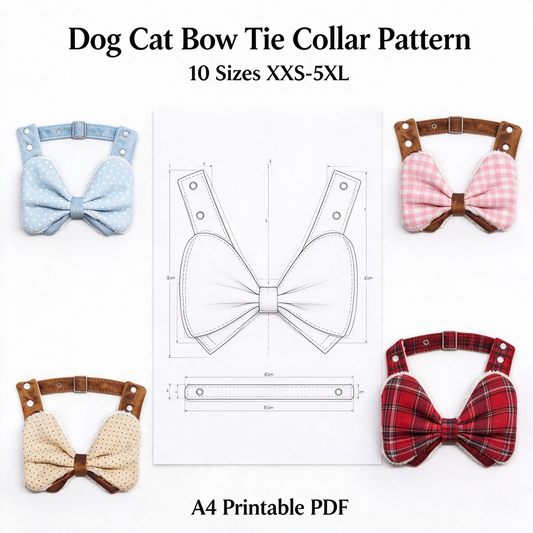 Bone Bow Tie Pet Bib Sewing Pattern PDF | A4 Printable | 10 Sizes XXS-5XL | Step-by-Step Sewing Tutorial