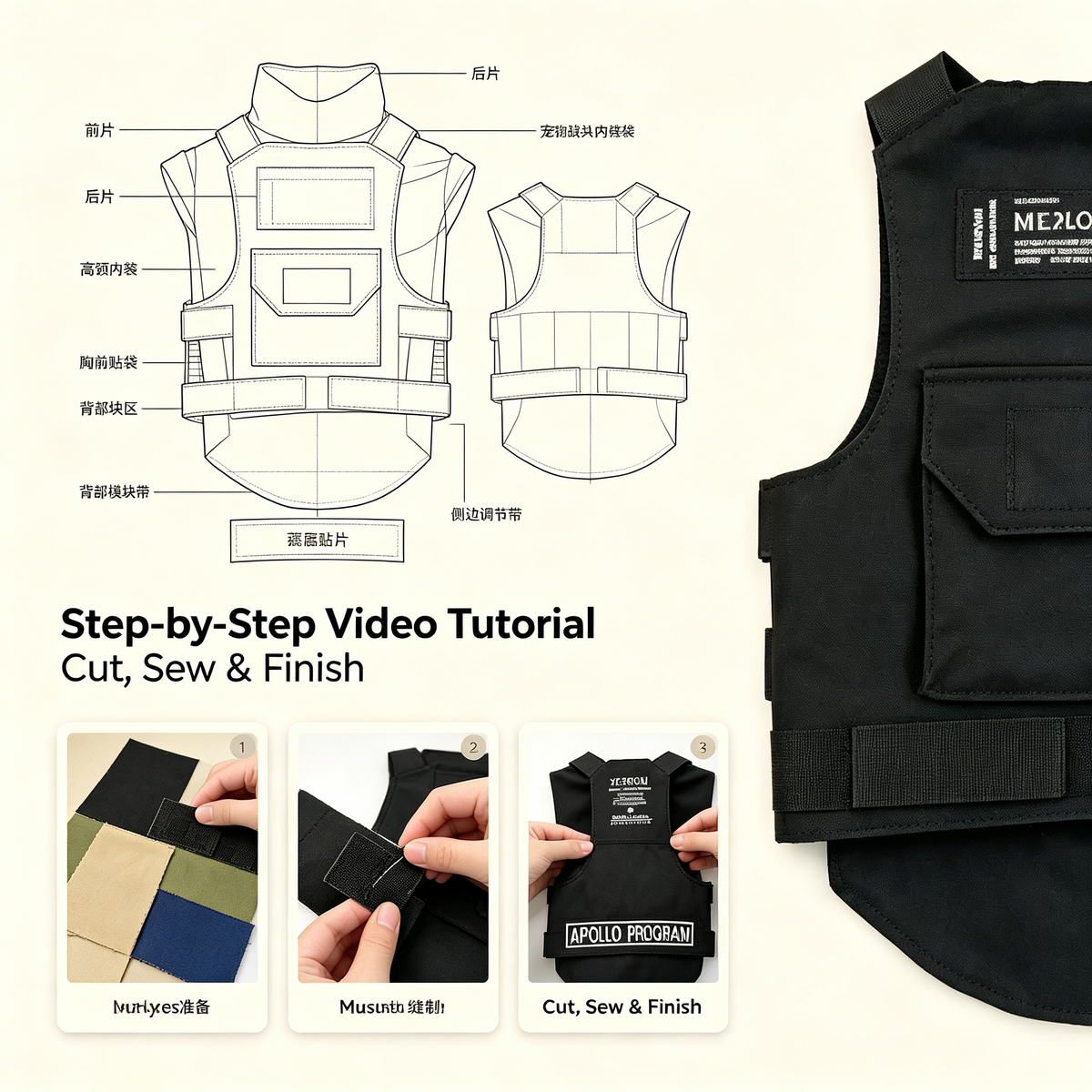 Pet Tactical Vest Harness Sewing Pattern with Video Tutorial | A3 Printable PDF | 7 Sizes S-4XL | Military Style Dog Cat Utility Vest