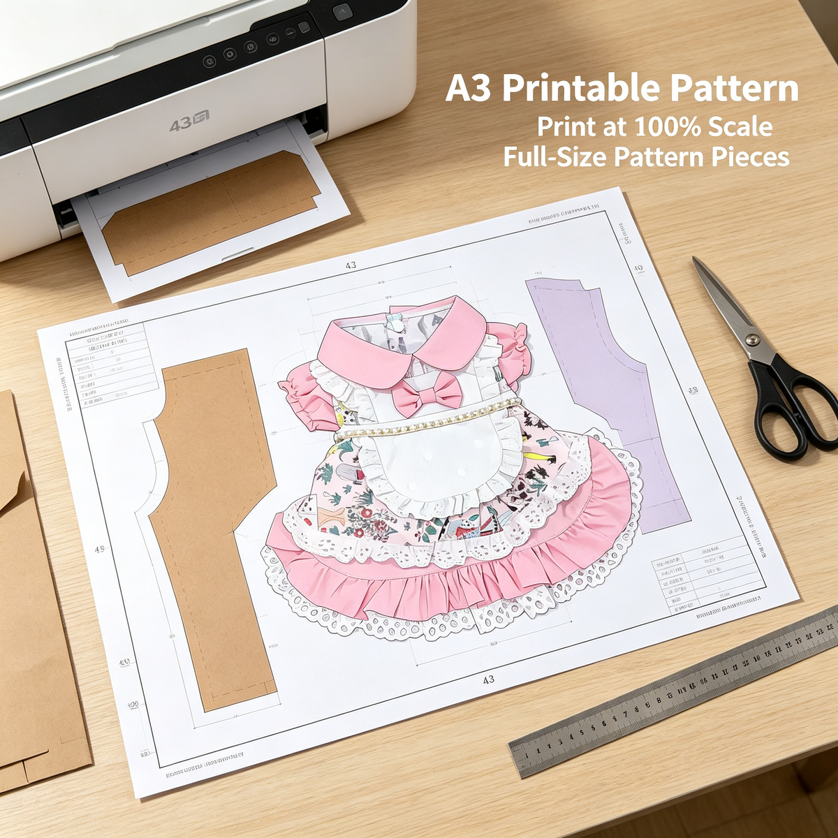 Pet Lolita Princess Dress Sewing Pattern with Video Tutorial | A3 Printable | 7 Sizes (S-4XL) | Dog Cat Ruffled Dress Digital PDF