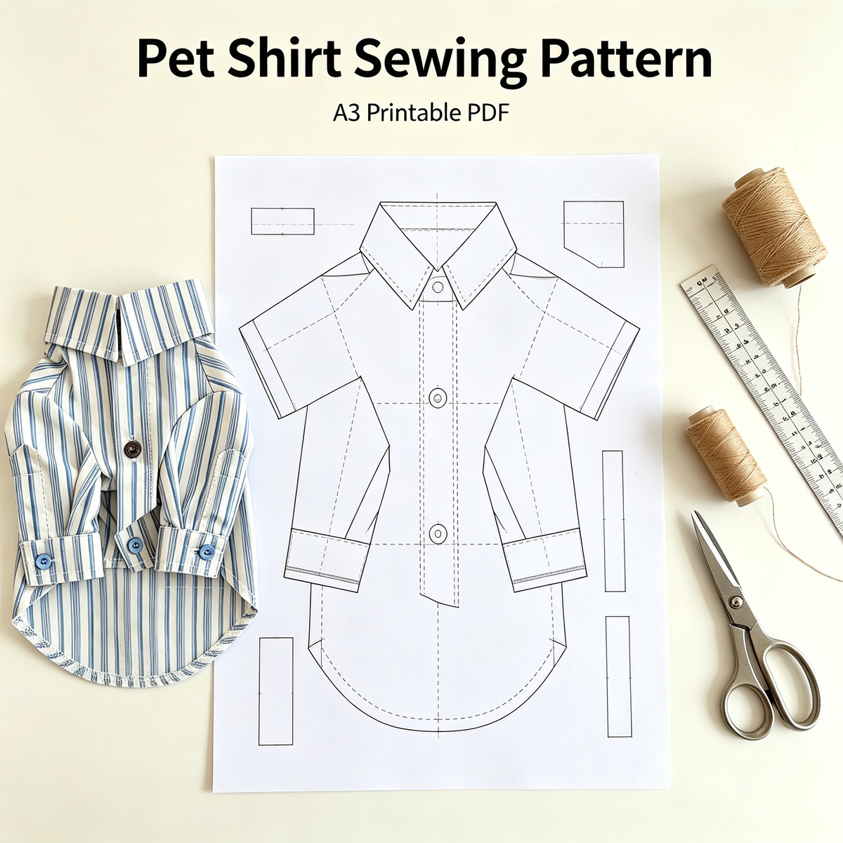 Pet Button-Down Shirt Sewing Pattern with Video Tutorial | A3 Printable PDF | 7 Sizes S-4XL | Dog Cat Formal Casual Shirt