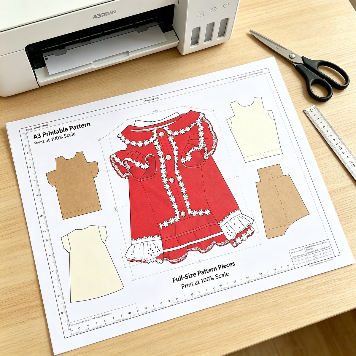 Pet Puff Sleeve Dress Sewing Pattern with Video Tutorial | A3 Printable | 7 Sizes (S-4XL) | Dog Cat Ruffled Dress Digital PDF