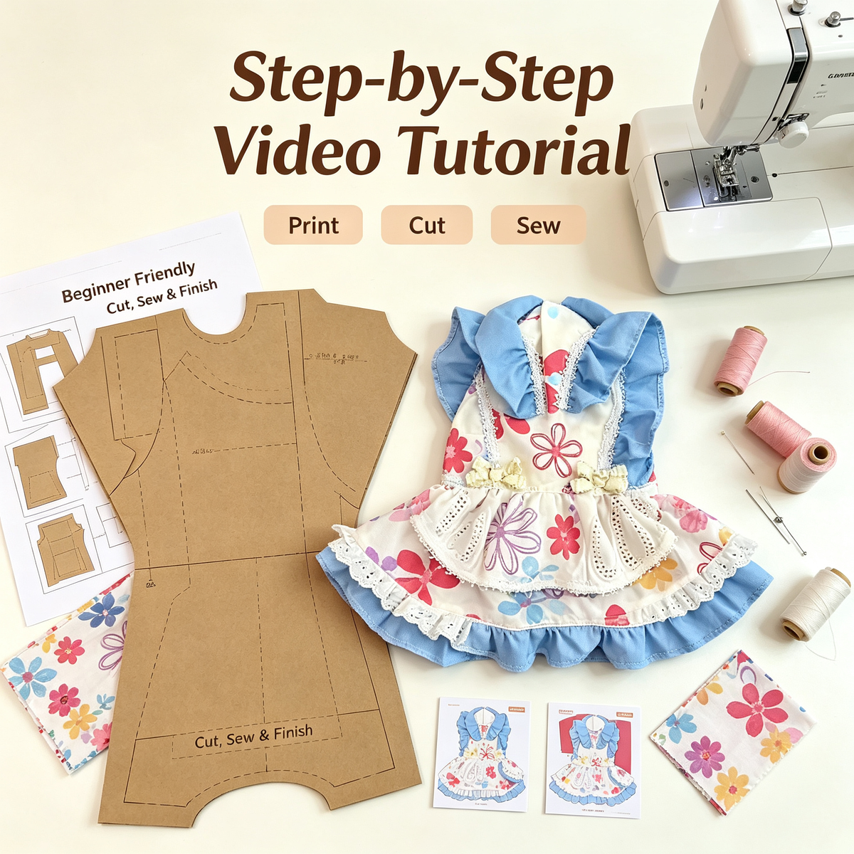 Pet Ruffled Maid Dress Sewing Pattern + Video Tutorial | 7 Sizes S-4XL | A3 Printable PDF for Dogs & Cats