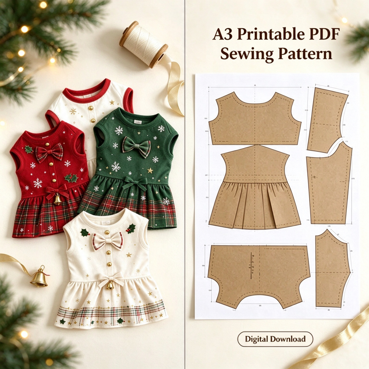 Pet Bow Vest Dress Sewing Pattern with Video Tutorial | A3 Printable PDF | 7 Sizes S-4XL | Girl Dog Cat Sleeveless Ruffle Dress