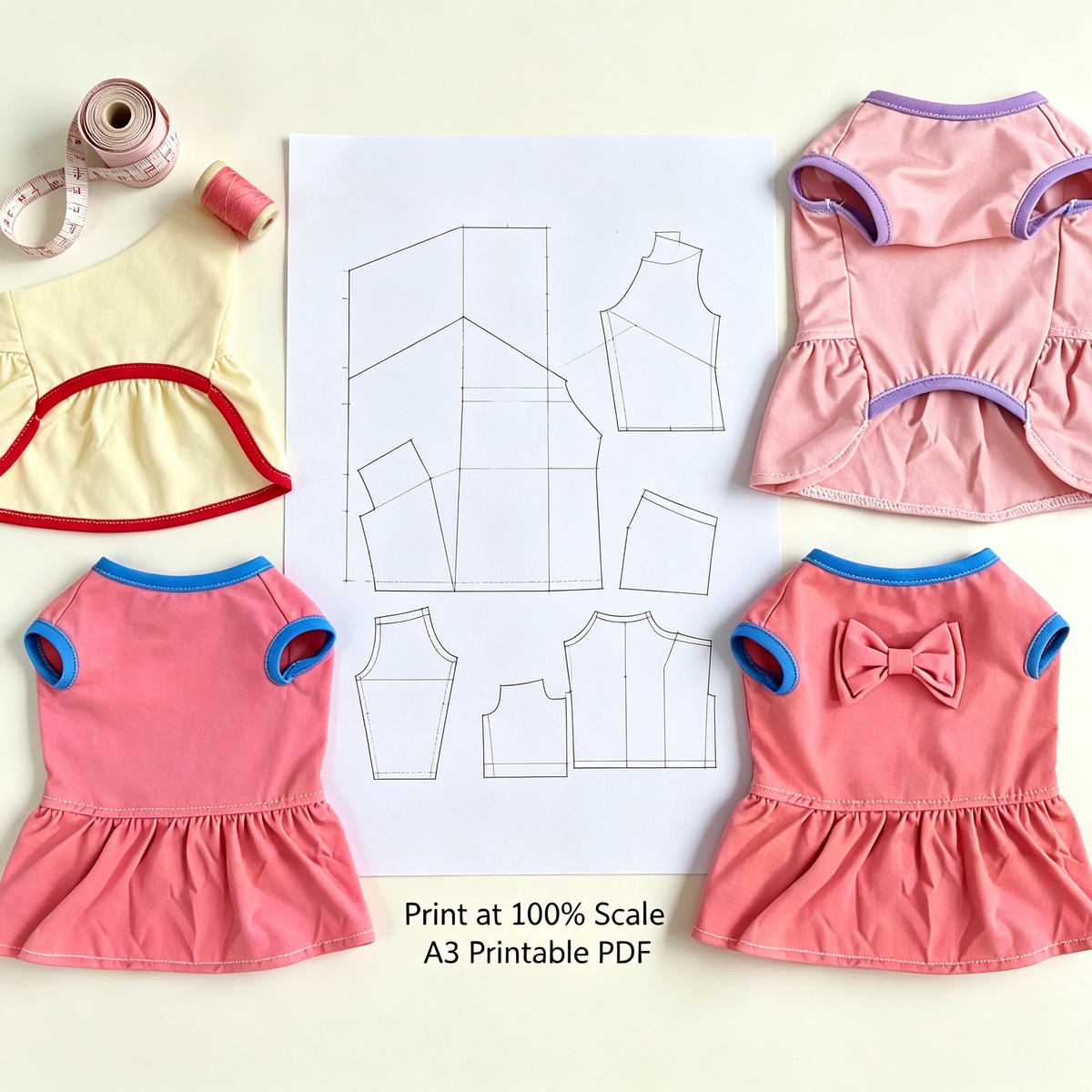 Pet Bow Vest Dress Sewing Pattern with Video Tutorial | A3 Printable PDF | 7 Sizes S-4XL | Girl Dog Cat Sleeveless Ruffle Dress