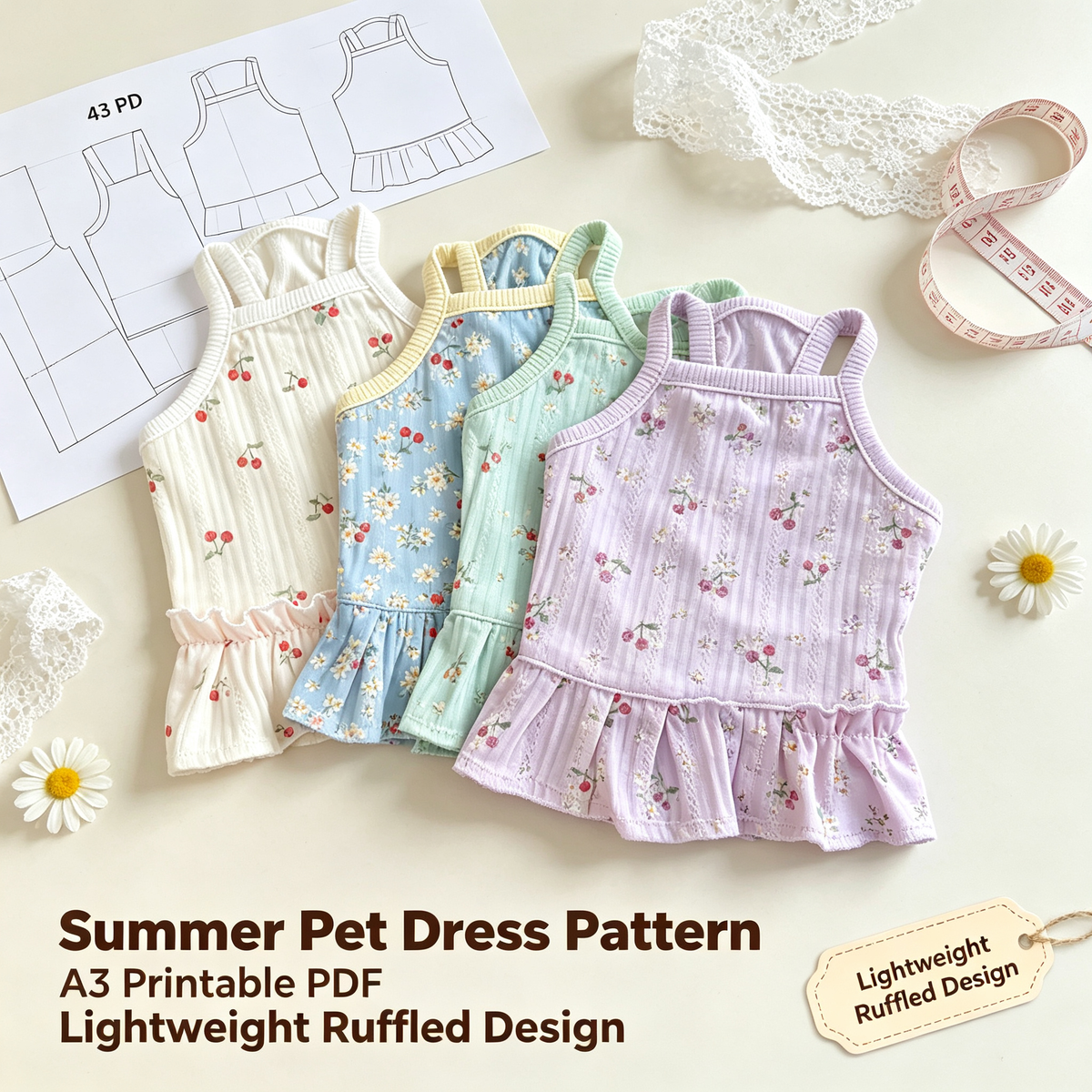 Pet Halter Dress Sewing Pattern with Step-by-Step Tutorial | A3 Printable PDF | Sizes S-4XL | Dog Cat Summer Ruffle Dress | Instant Download