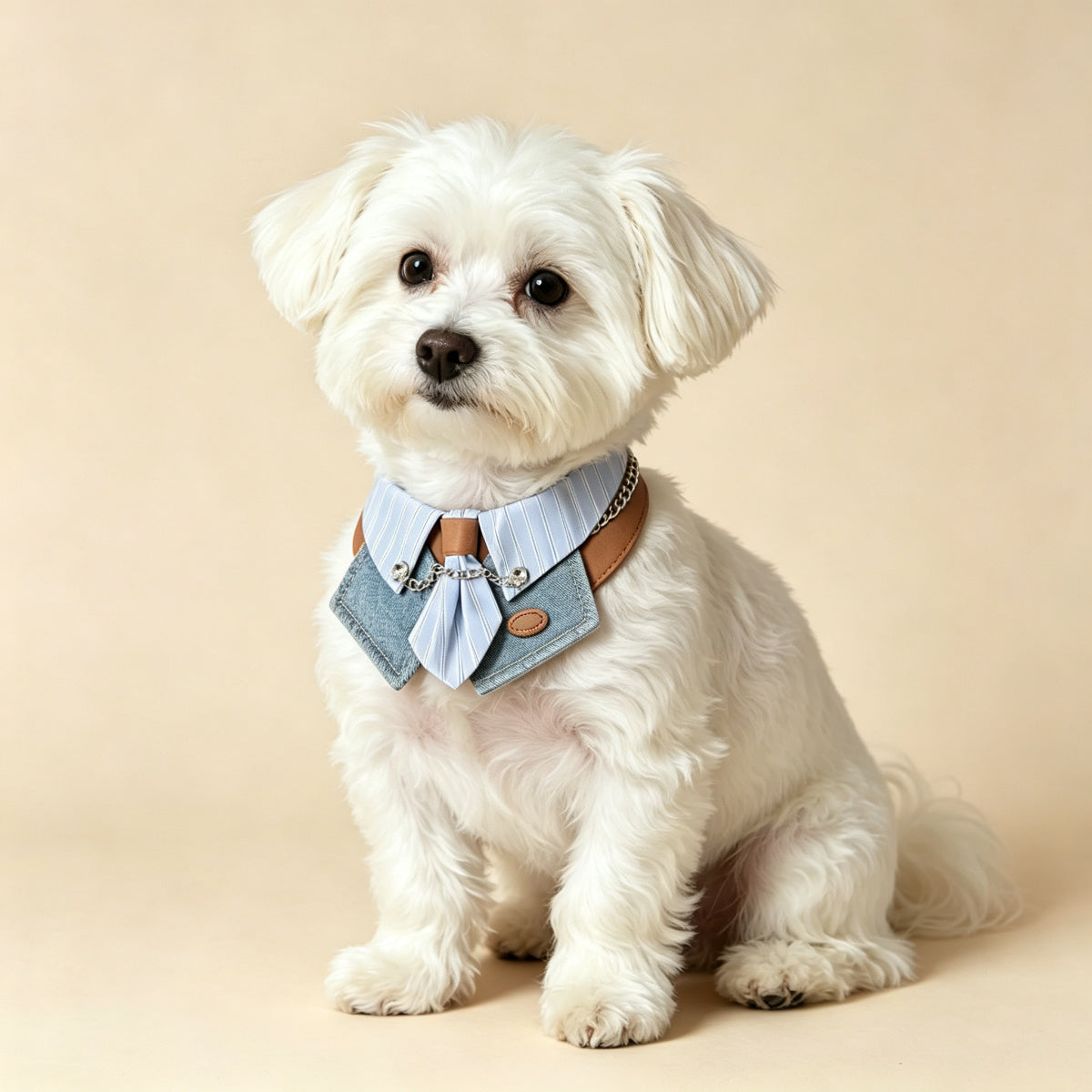 Gentleman Pet Bandana Bib with Bow Tie – Striped Shirt Collar & Denim Drool Bib for Small to Medium Dogs and Cats (XS–XL), Adjustable Neck Wrap, Plush Toy Dress-Up Accessory