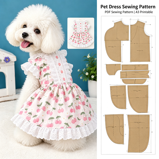 Pet High Waist Dress Sewing Pattern with Video Tutorial | A3 Printable PDF | 7 Sizes S-4XL | Dog Cat Ruffle Lace Princess Dress