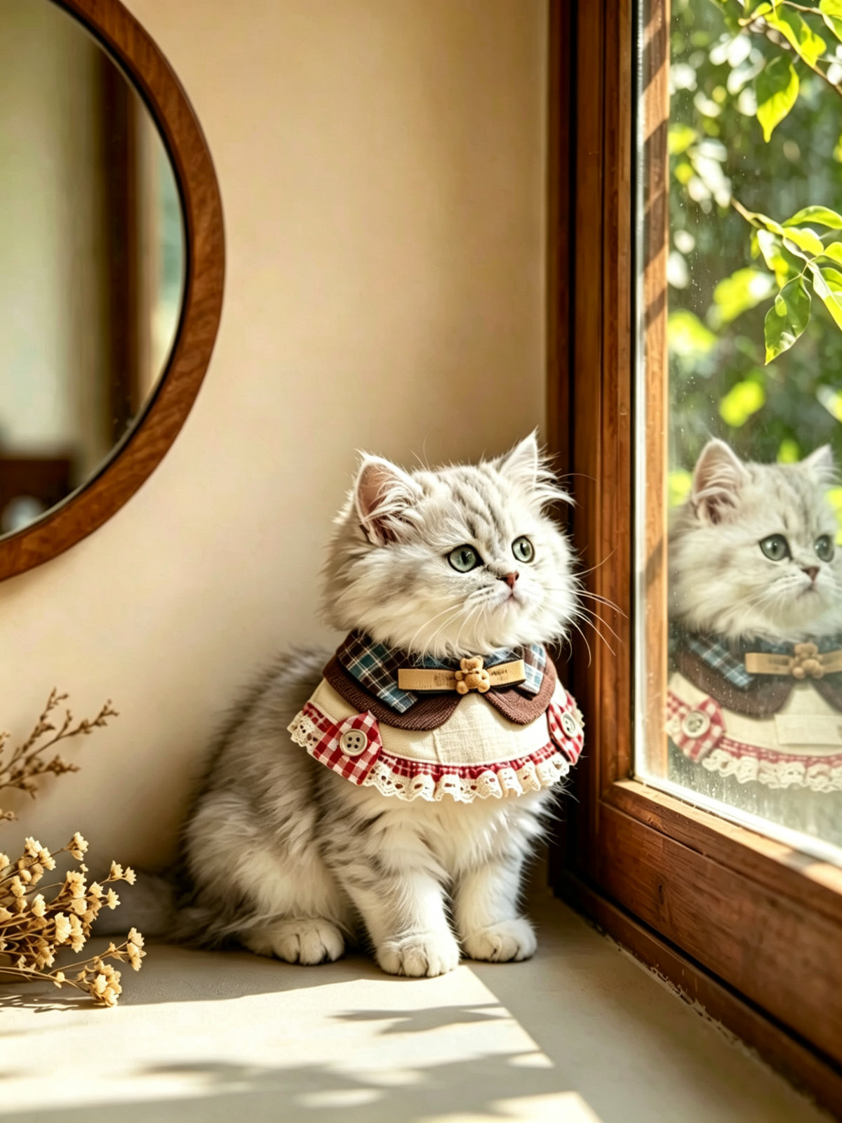 Retro Bear Plush Pet Bib with Plaid Bow Tie & Lace Doll Collar – Adjustable Drool Bib Neck Scarf for Small Medium Dogs, Puppies & Kittens