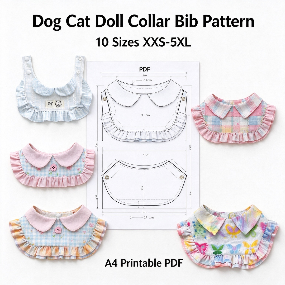 Peter Pan Collar Ruffle Pet Bib Sewing Pattern PDF | A4 Printable | 10 Sizes XXS-5XL | Step-by-Step Sewing Tutorial