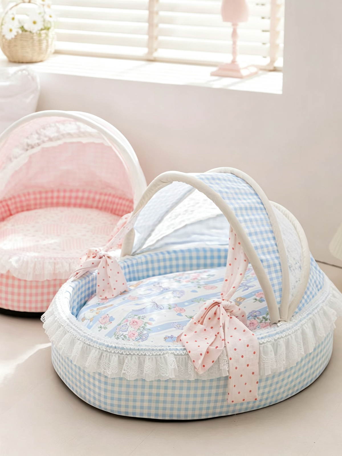 Lace Trim Canopy Pet Cradle Bed | Cute Bunny Floral Print Soft Cat & Dog Bed | Semi-Enclosed Cozy Pet Nest for Small & Medium Pets