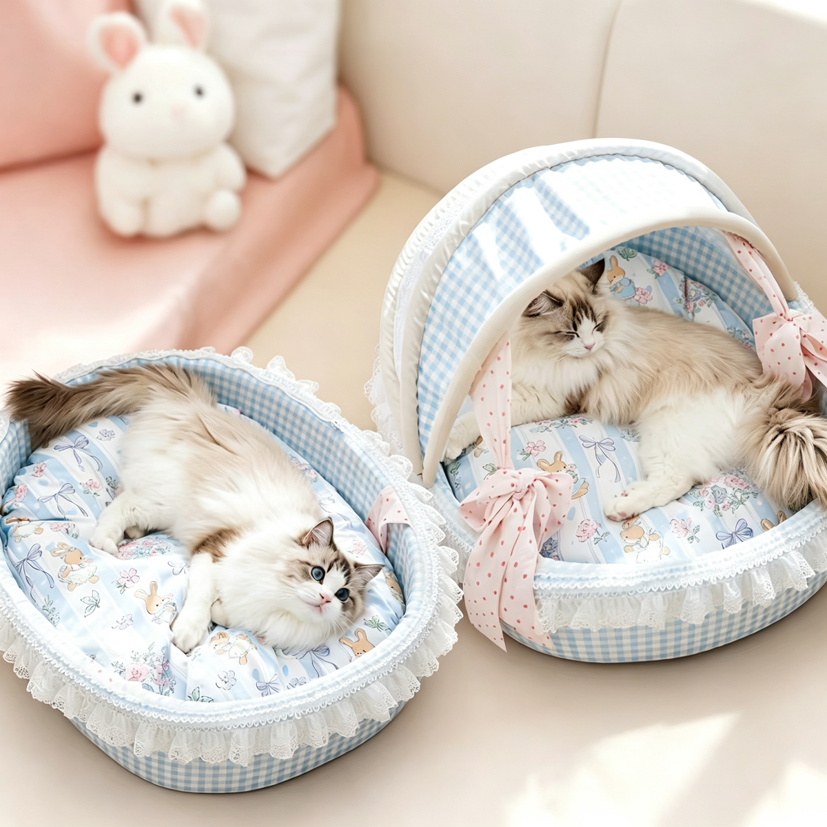 Lace Trim Canopy Pet Cradle Bed | Cute Bunny Floral Print Soft Cat & Dog Bed | Semi-Enclosed Cozy Pet Nest for Small & Medium Pets