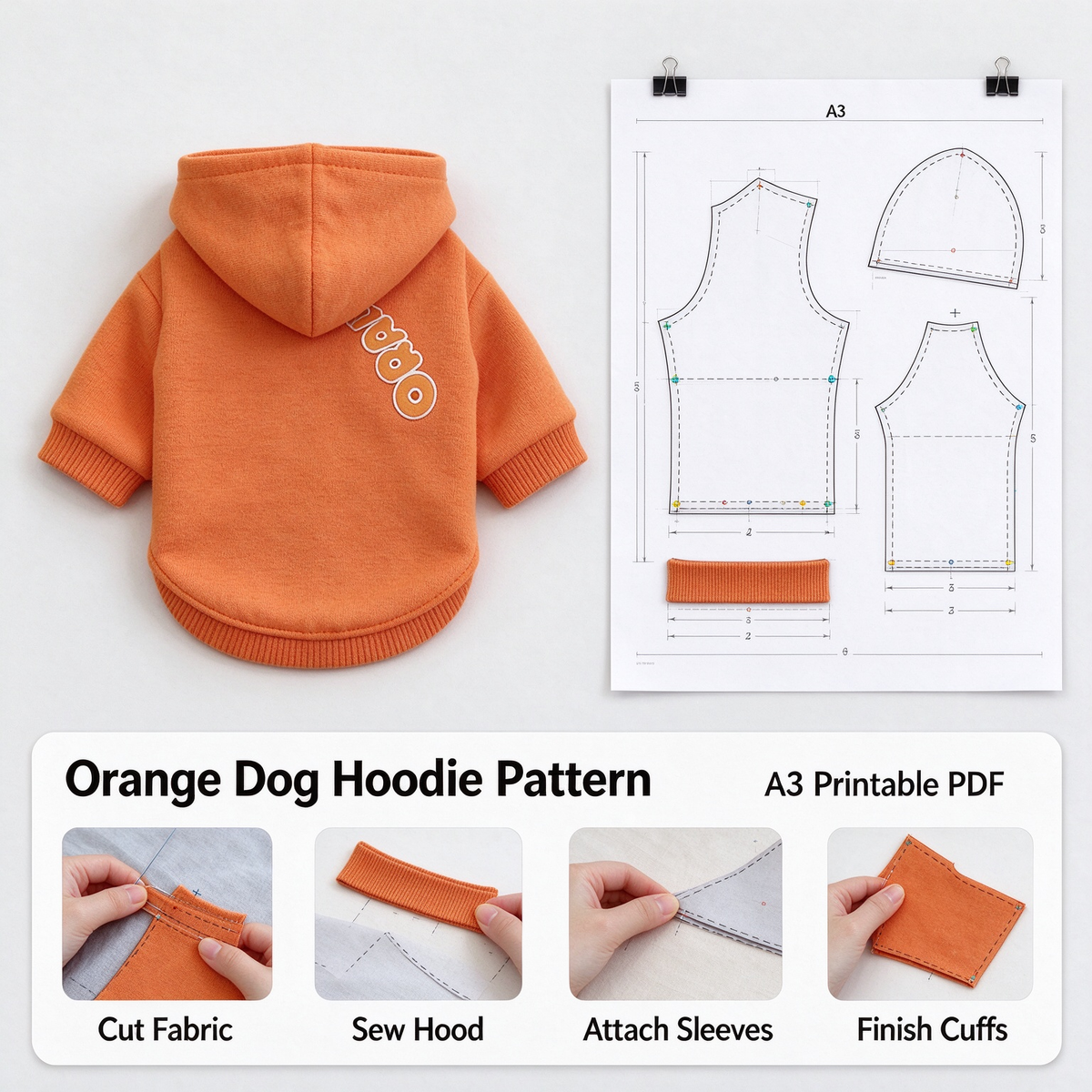 Pet Hoodie & Matching Bib PDF Sewing Pattern | S-4XL Inch Sizes, A3 Printable with Step-by-Step Sewing Tutorial