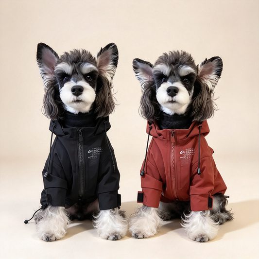 Warm waterproof dog hooded jacket for autumn & winter. Windproof pet outdoor coat with front zipper, available in XS–XXL sizes, measured in inches. Perfect for small dogs like Schnauzer, great for walking & outdoor adventures.