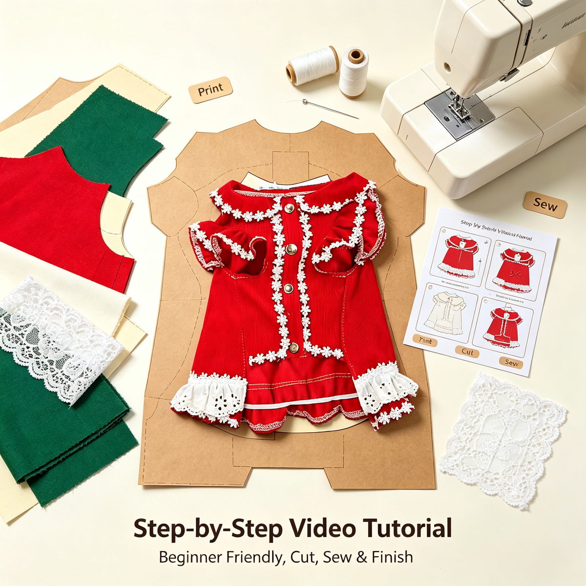 Pet Puff Sleeve Dress Sewing Pattern with Video Tutorial | A3 Printable | 7 Sizes (S-4XL) | Dog Cat Ruffled Dress Digital PDF
